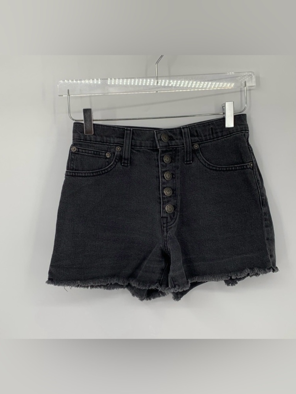 Madewell High rise denim shorts jeans cut-off raw frayed hem button fly black 25